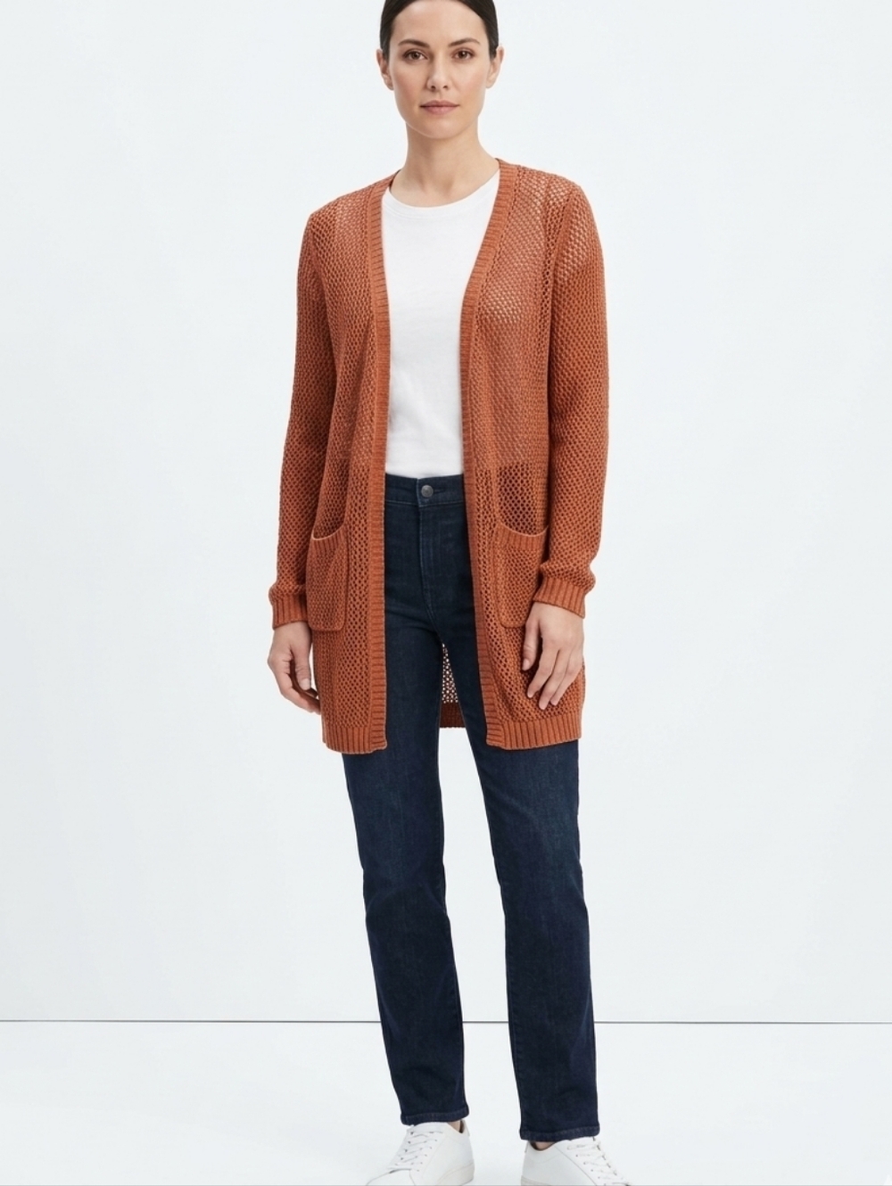 GANJI LA Rust Burnt Orange Open Front Crochet Knit Cardigan S/M Pockets Boho